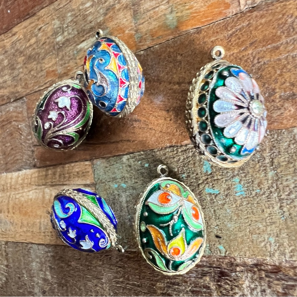 5 Antique Russian Imperial Filigree Enamel Silver Egg Pendant Charms